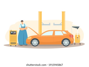 Сar service. Mechanic, car, car lift, service equipment: Oil System Tools.Colored vector illustration for your designs.