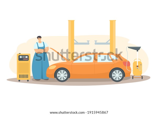 Сar
service. Mechanic, car, car lift, service equipment: Oil System
Tools.Colored vector illustration for your
designs.