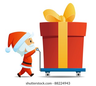 Service men santa with cart and big christmas gift box. Vector illustration.
