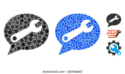 Service message composition of small circles in various sizes and color tones, based on service message icon. Vector filled circles are organized into blue composition.