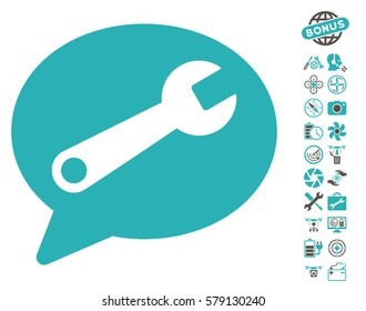 Service Message icon with bonus drone tools pictograph collection. Vector illustration style is flat iconic grey and cyan symbols on white background.