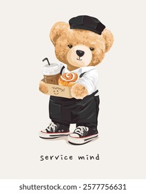service mind slogan with bear doll in waiter uniform vector illustration