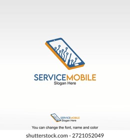 Vector de diseño de Plantilla de logotipos móviles. Un teléfono inteligente con líneas de circuito que simbolizan servicios móviles, reparación de dispositivos y soluciones de tecnología digital.