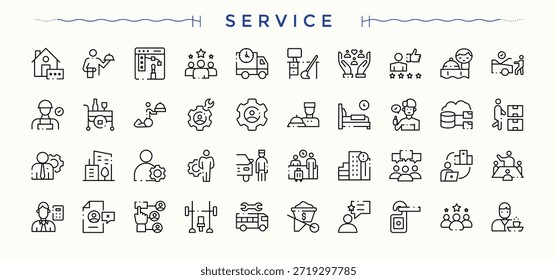 Servicio conjunto de iconos modernos. Guía de colección para App móviles y de Web. Colección de iconos de contorno. Conjunto de iconos de línea de Asistencia. Trazo editable. Pixel perfecto.