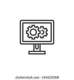 Service monitor with gear line icon. Software development linear style sign for mobile concept and web design. Computer setup outline vector icon. Symbol, logo illustration. Vector graphics