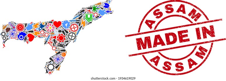 Mapa del estado de Assam en mosaico de servicio y sello de sello de MADE IN arañado. Mosaico de mapas del estado de Assam diseñado con palangreras, ruedas, instrumentos, símbolos de aviación, autos, chispas de energía, cohetes.