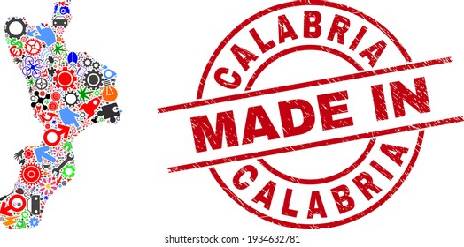 Service mosaic Calabria region map and MADE IN grunge rubber stamp. Calabria region map mosaic created with spanners, wheels, tools, air planes, cars, power strikes, helmets.