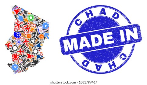 Service Mosaik Chad Karte und MADE IN strukturierten Stempel Siegel. Chad-Kartencollage bestehend aus Wrenches, Cogs, Werkzeugen, Elementen, Fahrzeugen, Elektroschrauben, Bugs.