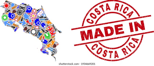 Service mosaic Costa Rica map and MADE IN textured stamp. Costa Rica map mosaic formed with wrenches, wheels, instruments, aviation symbols, cars, electricity strikes, rockets.