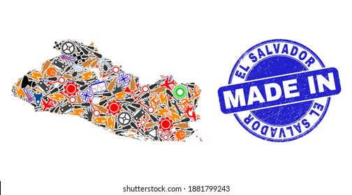 Service mosaic El Salvador map and MADE IN textured rubber stamp. El Salvador map mosaic formed with wrenches,cogs,screwdrivers,components,transports, electric sparks,details.