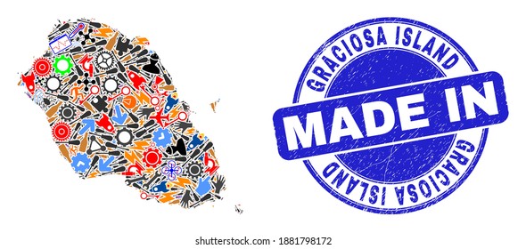 Service mosaic Graciosa Island map and MADE IN distress stamp seal. Graciosa Island map mosaic designed with wrenches,wheel, tools,items,cars,electricity bolts,bugs.