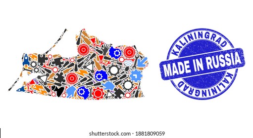 Service mosaic Kaliningrad Region map and MADE IN grunge stamp. Kaliningrad Region map collage formed with wrenches,cogs,screwdrivers,items,vehicles,power sparks,details.