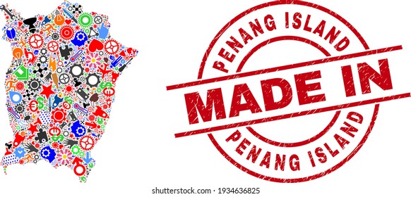 Service mosaic Penang Island map and MADE IN grunge watermark. Penang Island map composition created from spanners, cogs, tools, aircrafts, transports, electric strikes, rockets.