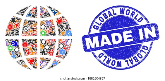 Service mosaic planet globe and MADE IN distress rubber stamp. Planet globe mosaic composed with wrenches, gearwheels,screwdrivers,,keys,vehicles,electricity bolts,rockets.