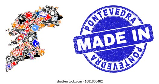 Service mosaic Pontevedra Province map and MADE IN distress stamp seal. Pontevedra Province map abstraction created with wrenches, gearwheels, tools,elements,vehicles, electric sparks,rockets.