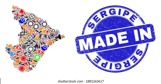 Service mosaic Sergipe State map and MADE IN textured watermark. Sergipe State map collage formed with spanners, gearwheels,screwdrivers,items,transports, electric strikes,bugs.
