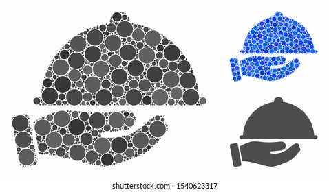 Service mosaic of small circles in variable sizes and color tones, based on service icon. Vector small circles are combined into blue mosaic. Dotted service icon in usual and blue versions.