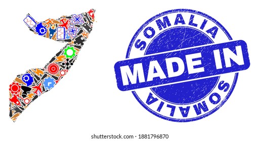 Service mosaic Somalia map and MADE IN grunge stamp seal. Somalia map mosaic created from wrenches,wheels,screwdrivers,,keys,transports,electricity strikes,rockets.