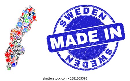 Service mosaic Sweden map and MADE IN textured rubber stamp. Sweden map abstraction formed from spanners, gearwheels,instruments,elements,cars,power sparks,details.