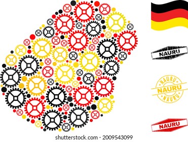 Service Nauru map collage and stamps. Vector collage formed of service icons in different sizes, and Germany flag official colors - red, yellow, black.