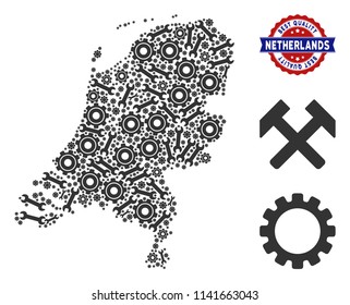 Service Netherlands map collage of service tools. Abstract geographic plan in grey color and best quality stamp. Vector Netherlands map is formed from cogwheels and wrenches.