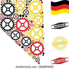 Service Nevada State map composition and seals. Vector collage is composed of service elements in different sizes, and German flag official colors - red, yellow, black.