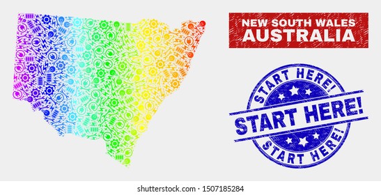 Service New South Wales map and blue Start Here Exclamation textured seal. Rainbow colored gradient vector New South Wales map mosaic of repair units. Blue round Start Here Exclamation seal.