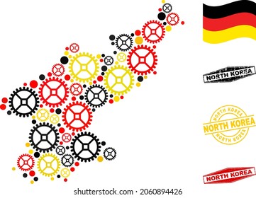 Service North Korea map composition and seals. Vector collage is formed with service icons in various sizes, and German flag official colors - red, yellow, black.