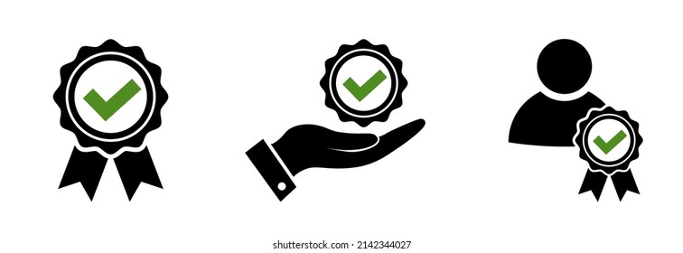 Service offer icon set style. Award rosette symbol with check in black. Check best option symbol in black isolated on white background.Vector illustration for graphic design, Web, app, UI, mobile app.