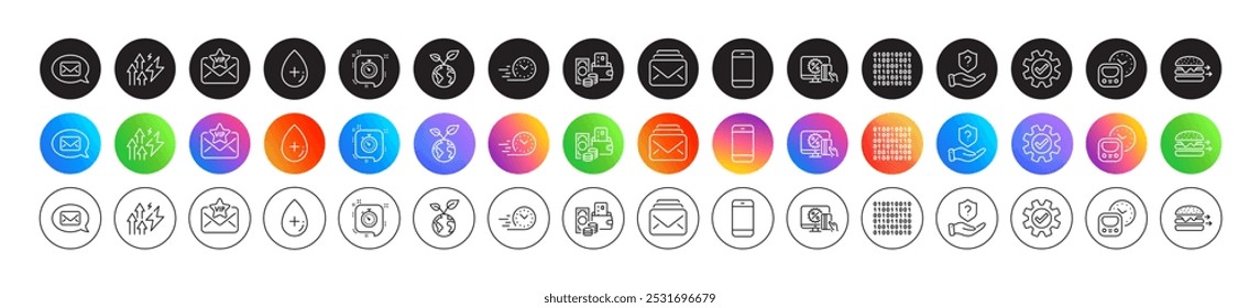 Service, Oil serum and Food delivery line icons. Round icon gradient buttons. Pack of Fast delivery, Messenger, Energy inflation icon. Binary code, Metro, Online shopping pictogram. Vector