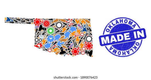 Mosaico de mapa del estado de Oklahoma y sello de goma grunge MADE IN. Extracción de mapas del estado de Oklahoma formada por spanners, ruedas, herramientas, objetos, autos, golpes de electricidad, cohetes.