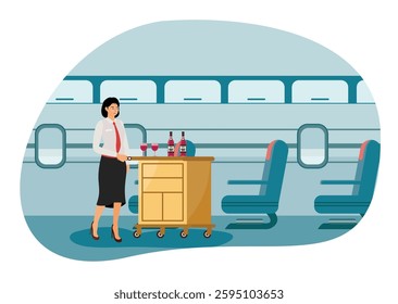 Service on Board concept.  Stewardess Push Trolley with Drinks Holding. Air Hostess in Uniform Provide Airplane Service. Flat vector modern illustration 