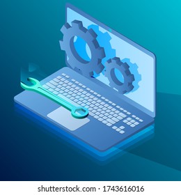 Service of the operating system.Modern concept of operating system maintenance for web design. Communication technologies.Isometric vector image.