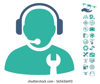 Service Operator icon with bonus flying drone service pictograms. Vector illustration style is flat iconic cobalt and cyan symbols on white background.