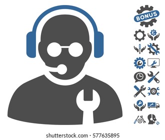 Service Operator icon with bonus options images. Vector illustration style is flat iconic cobalt and gray symbols on white background.