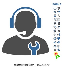Service Operator icon with bonus pictograms. Vector style is bicolor flat iconic symbol with rounded angles, cobalt and gray colors, white background.