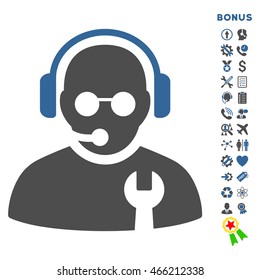 Service Operator icon with bonus pictograms. Vector style is bicolor flat iconic symbol with rounded angles, cobalt and gray colors, white background.