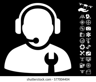 Service Operator icon with bonus quad copter tools pictures. Vector illustration style is flat iconic white symbols on black background.