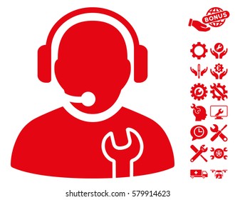 Service Operator icon with bonus setup tools design elements. Vector illustration style is flat iconic red symbols on white background.