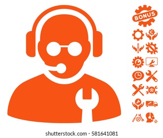 Service Operator icon with bonus setup tools icon set. Vector illustration style is flat iconic orange symbols on white background.