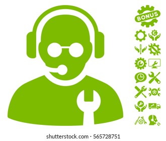 Service Operator icon with bonus tools clip art. Vector illustration style is flat iconic eco green symbols on white background.