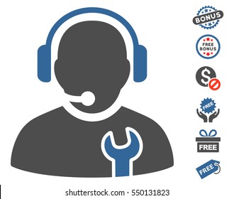 Service Operator icon with free bonus pictograph collection. Vector illustration style is flat iconic symbols, cobalt and gray colors, white background.