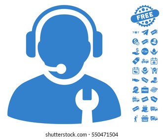 Service Operator icon with free bonus symbols. Vector illustration style is flat iconic symbols, cobalt color, white background.