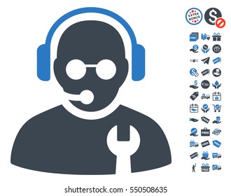 Service Operator icon with free bonus pictograms. Vector illustration style is flat iconic symbols, smooth blue colors, white background.