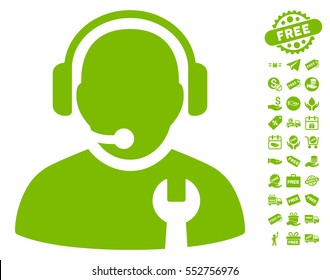 Service Operator icon with free bonus icon set. Vector illustration style is flat iconic symbols, eco green color, white background.