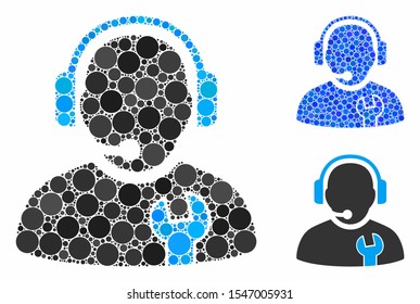 Service operator mosaic of round dots in different sizes and color tones, based on service operator icon. Vector round dots are organized into blue mosaic.