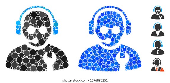 Service operator mosaic of round dots in variable sizes and shades, based on service operator icon. Vector round dots are composed into blue composition.