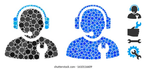 Service operator mosaic of round dots in various sizes and color hues, based on service operator icon. Vector round elements are united into blue mosaic.