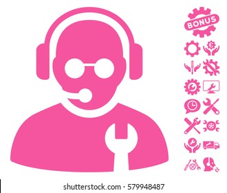 Service Operator pictograph with bonus configuration icon set. Vector illustration style is flat iconic pink symbols on white background.