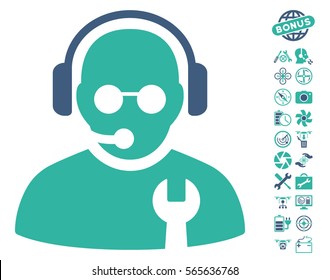 Service Operator pictograph with bonus drone service pictograph collection. Vector illustration style is flat iconic cobalt and cyan symbols on white background.